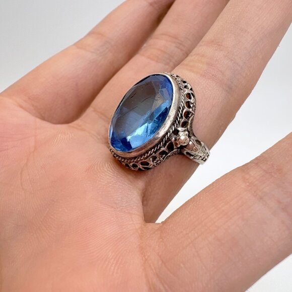 VTG Sterling Silver 925 Blue Cubic Zirconia Rope Border Statement Ring Size 6 - Picture 6 of 12